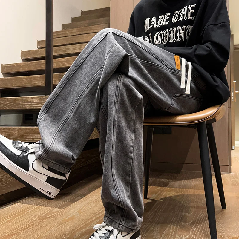 

American High Street Sle Patchwork Jeans Men's Casual Straight Leg Trousers Wear Resistant Long Pants Youth Faion