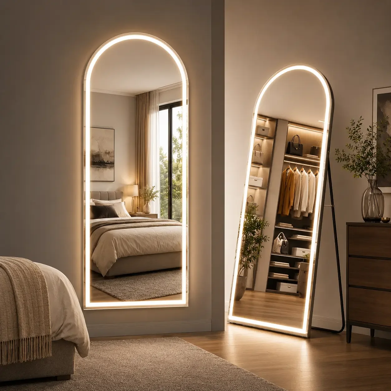 Decorative Metal Full‑Length Floor Standing Mirror, 2‑Style Option With / Without LED Lights, Dimmable 3‑Color Lighting Vanity Mirror for Multi‑Room Use