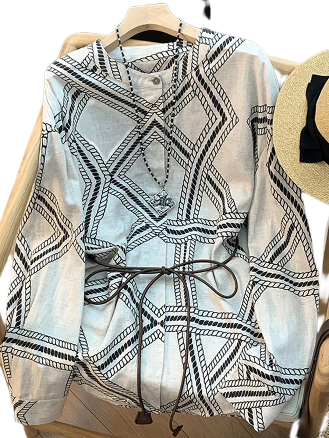 Retro Lose Runde Ne Lange Sve Baumwolle Leinen irt Frauen Herbst 2025, Neue Sle Gedruckt Cord ass Muster Atmungsaktive top