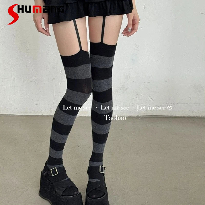 

Y2K Millennium Black Gray Striped Over Knee Socks Sweet Cool Aesthetic High Tube Stockings Japanese Subculture JK Pantyhose Girl