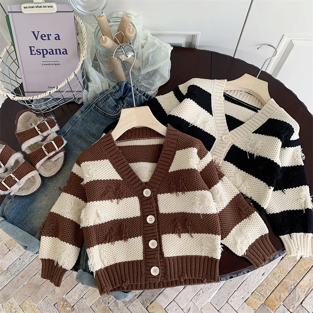 Sweaters Children Sweater Cardigan Autumn New Korean Stripe Knitting Loose Coat Hair Edge Tops Simple 2024 Loose Causal