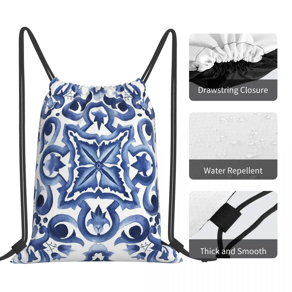 حقائب ظهر من بلاط صقلية البحر الأبيض المتوسط مزخرفة باللون الأزرق، حقائب ظهر عصرية محمولة برباط، حقيبة تخزين، حقائب كتب للسفر