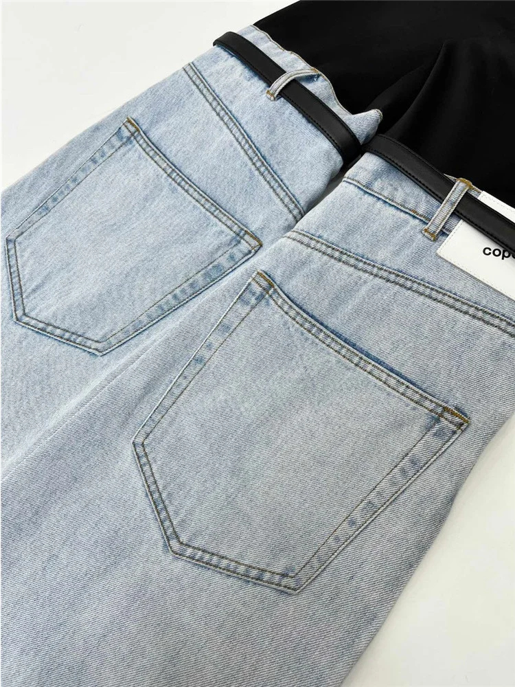 XIWEN Design Sense Splicing Jeans Spring 2024 New High Waist Straight Wide Leg Fashion Personality Chic Pants Female TH1098