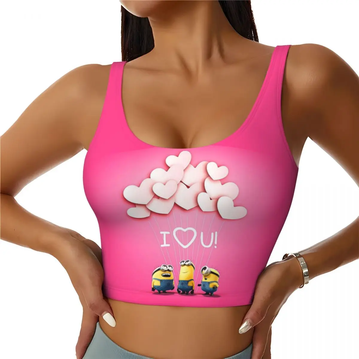 

Custom Women Minions I Love U Sports Bra Anime High Impact Gym Workout Running Crop Tank Tops