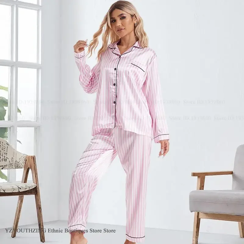 

Pink Stripe Long Sleeve Pijama Set Spring Autumn New Female Pajamas Trouser Suit Silky Satin Women Sleepwear Pyjama Lounge Wear