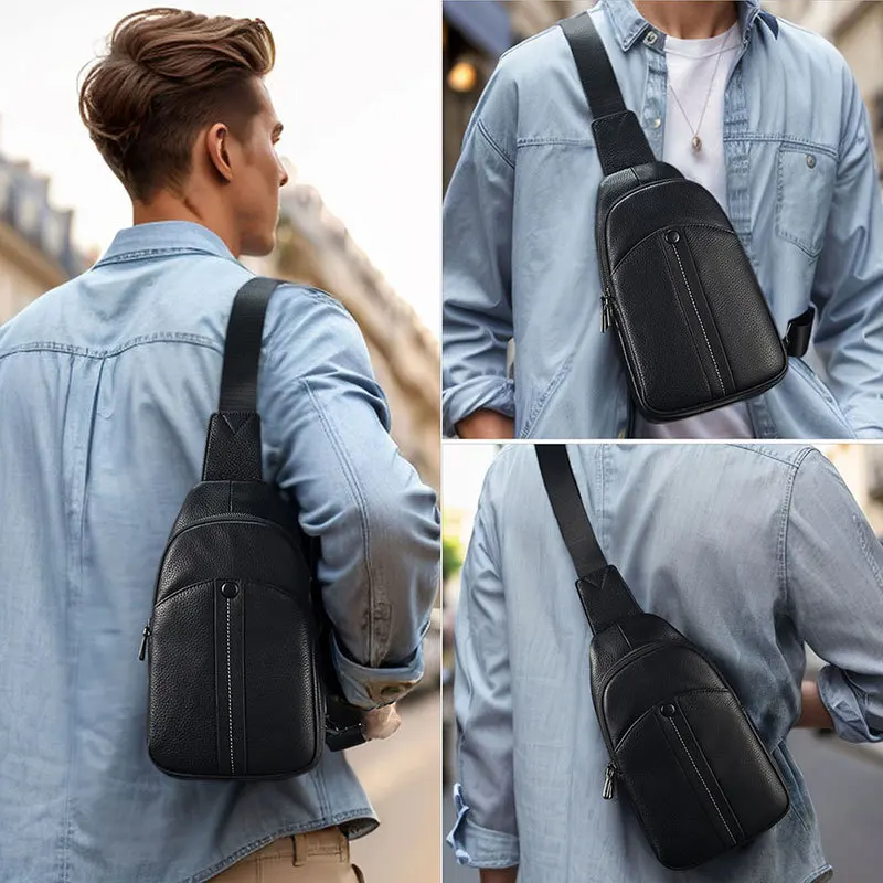 

Высококачественная мужская сумка через плечо из натуральной кожи с узором личи для поездок на работу и повседневного использования, черная нагрудная сумка большой вместимости