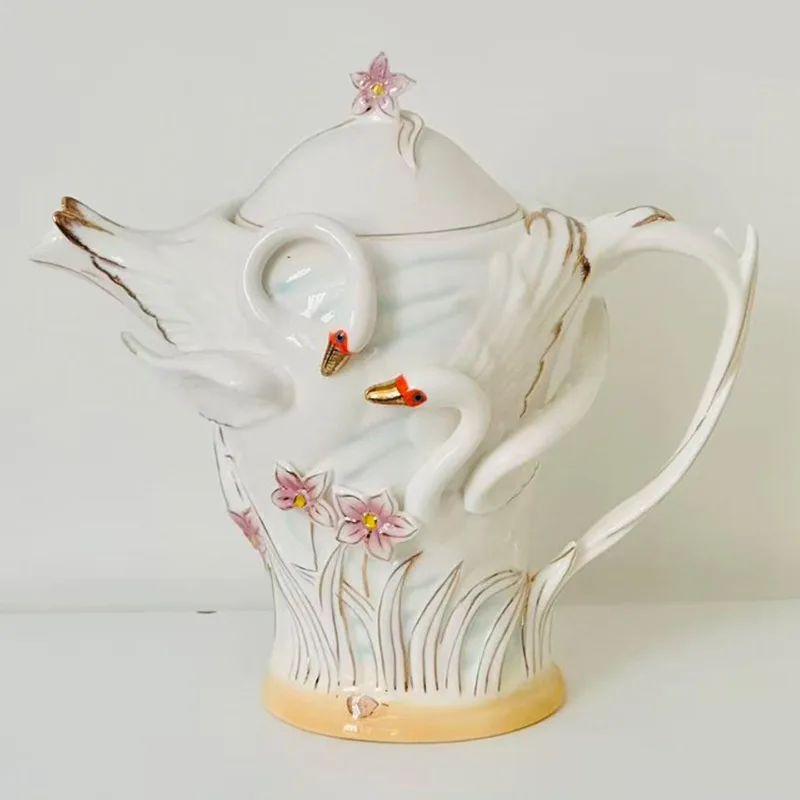 Exquisite Living Room Decoration Ceramic Teapot Swan Shape Three-dimensional Flower Decorations Handmade Casual  Home Decor