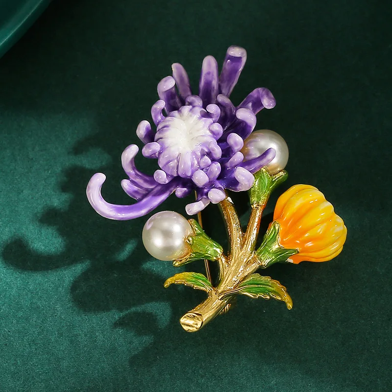 

Haute Fashion Accessories Handmade Glazed Pearl Yellow Bud Purple Flower Brooch Female