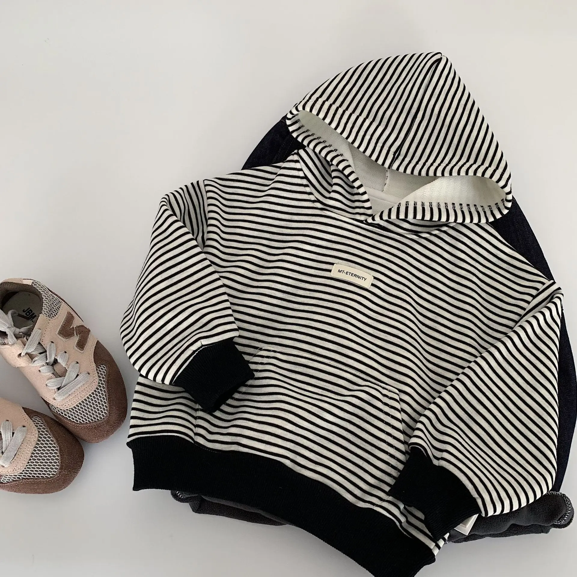 

Autumn Winter Children Hoodies 2-10Y Boys Girls Warm Fleece Striped Hooded Sweatshirt Tracksuit Tops Toddler Wear Kids Clothing