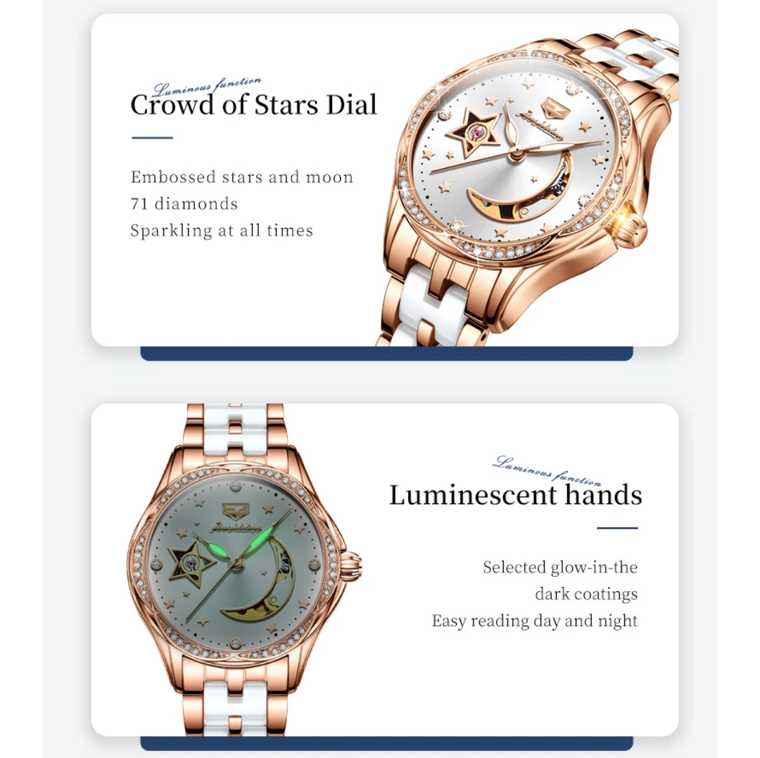 JSDUN 8962 패션 기계식 시계 선물, 세라믹 시계 밴드, 라운드 다이얼 손목시계