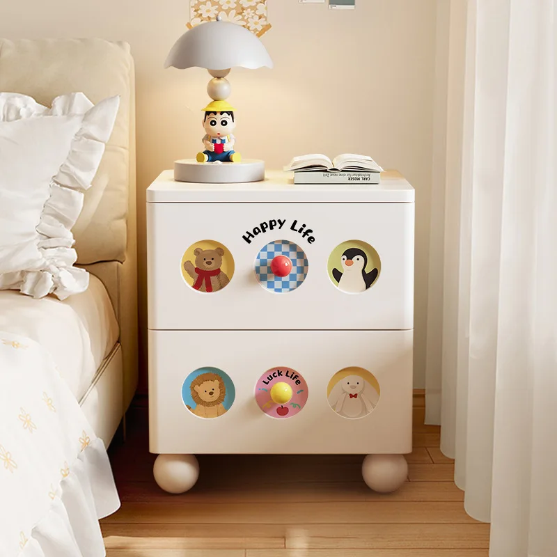 Solid Wood Bedside Cabinet Cream Dopamine Style Storage Locker Kids Cartoon Girl Bedroom Small
