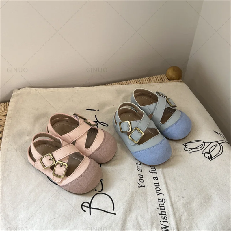 2025 New Summer Baby Shoes Leather Barefoot Shoes Soft Sole Princess Shoes Fashion Toddler Girls Sandals EU 16-25