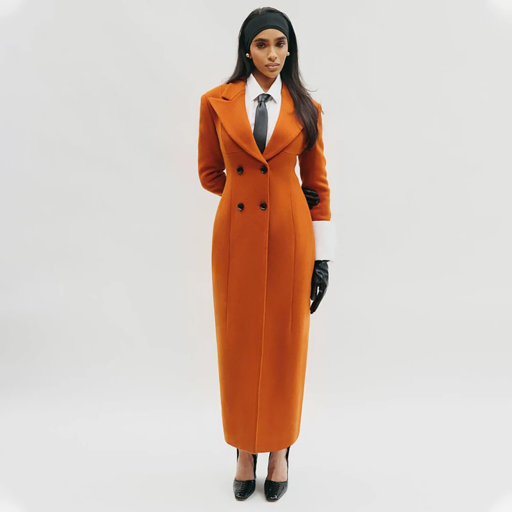 

Winter Warm Women's Coat Double Breasted Long One Piece Wide Peaked Lapel Set High-end Female Business Work Wear Custom Tailored