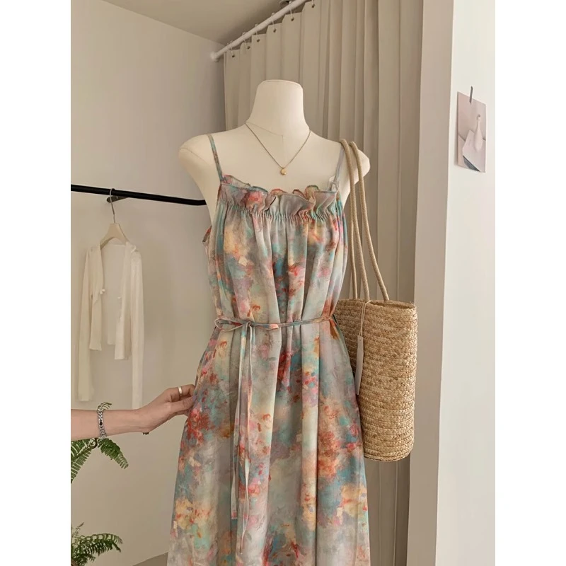 Vestido camisola Retro sin mangas con hombros descubiertos para mujer, vestidos largos holgados con estampado dulce, ropa femenina