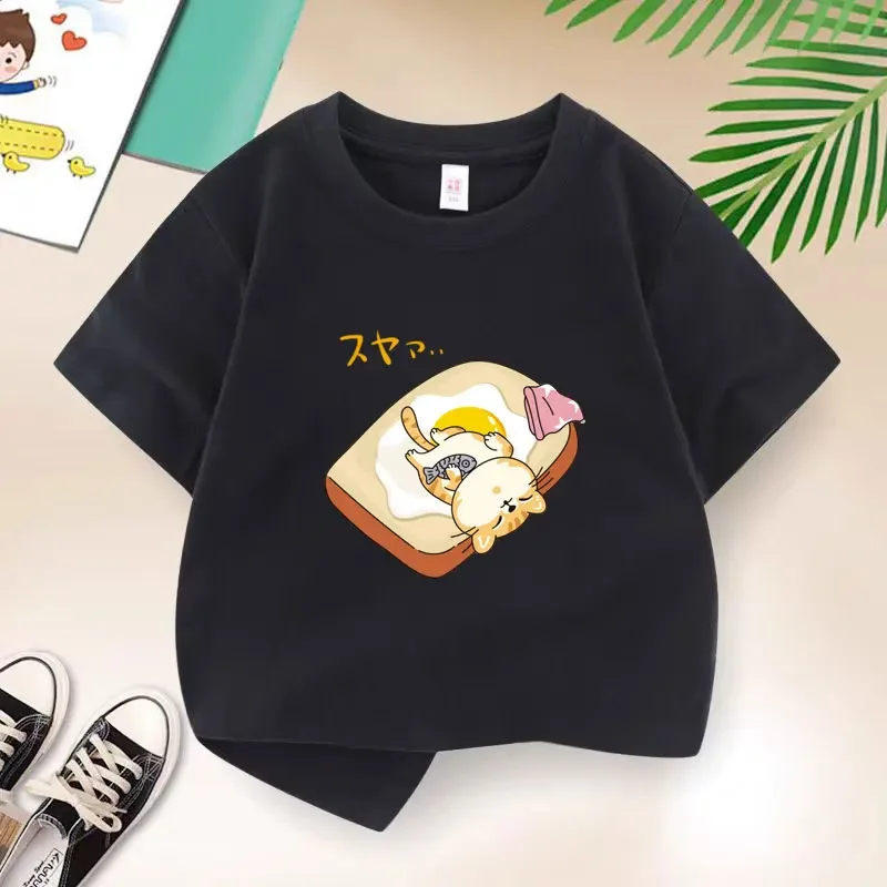 Kids Short Sleeve T Shirt Cute Sleeping Cat Lying On Toast Fried Egg Japanese Text Print Casual Summer Daily Outfit
