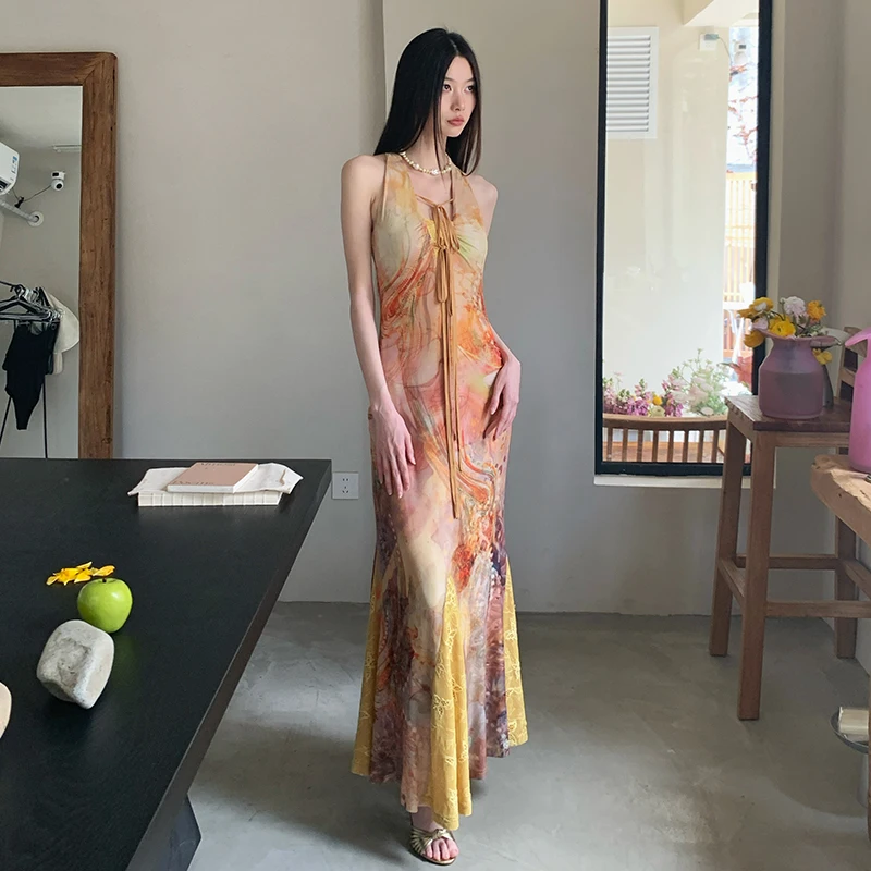 Vestido de encaje estampado retro para mujer en primavera y verano, dorado con espalda y cuello colgante, falda ajustada de cola de pez