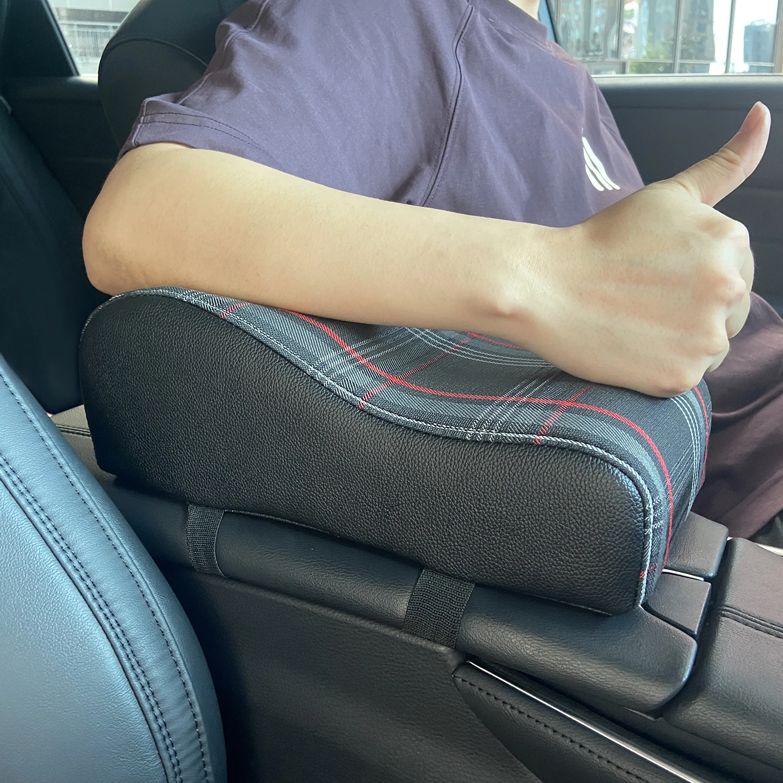 

1pc Universal Leather Car Center Armrest Cushion Armrest Pad with VW MK7 GTD GTE GTI Red Tartan Fabric