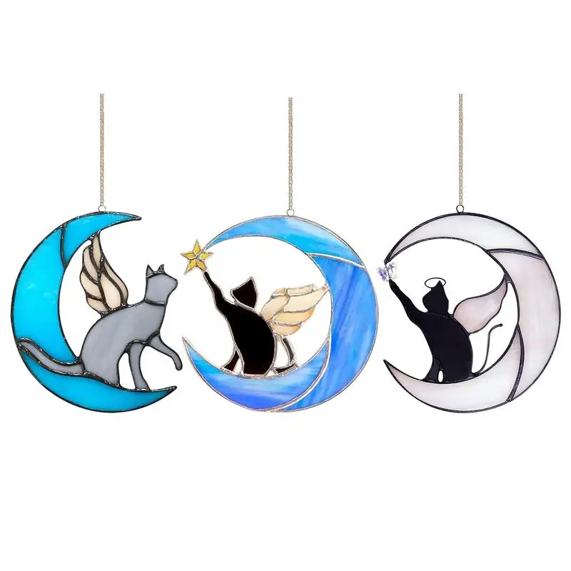 Stained Glass Angel Cat Light Catcher Window Hanging Wall Art Home Decor Colorful Ceiling Sticker catcher Wind Chimes Pendants