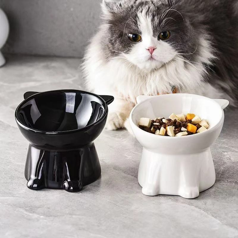 2 Piece Set - Elegant Black/Pure White Elevated Pet Bowl Elevated Anti Slip Wide Bottom Plastic Material Suitable Cats and Dogs