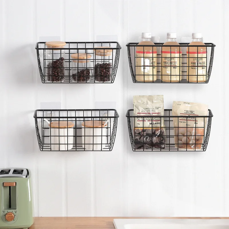 

Japanese-Style Iron Storage Basket Wall-Mounted Bathroom Kitchen Storage Gadget Basket Rack Punch-Free Storage Basket