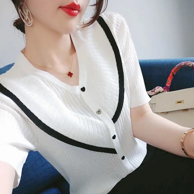 Fashion V-Neck 2024 New Short Sleeve Button Knitted Shirt Female Clothing Summer Casual Tops Loose Commute Blouse