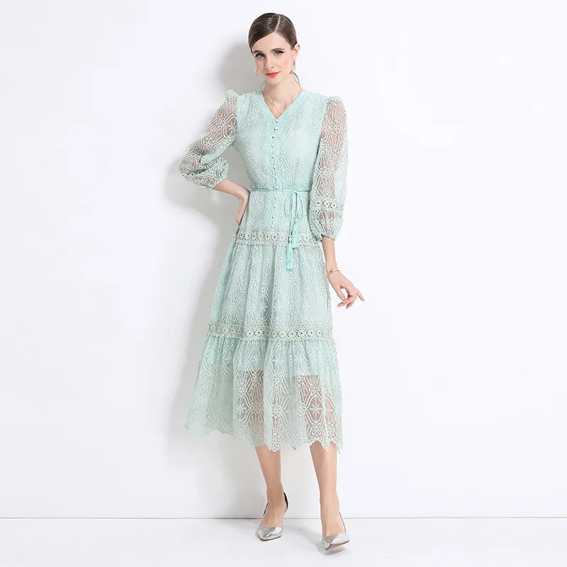 우아한 레이스 브이넥 랜턴 소매 드레스 여성용 단추 슬림핏 미디 드레스 여름 두꺼운 바람막이 스타일 중국산