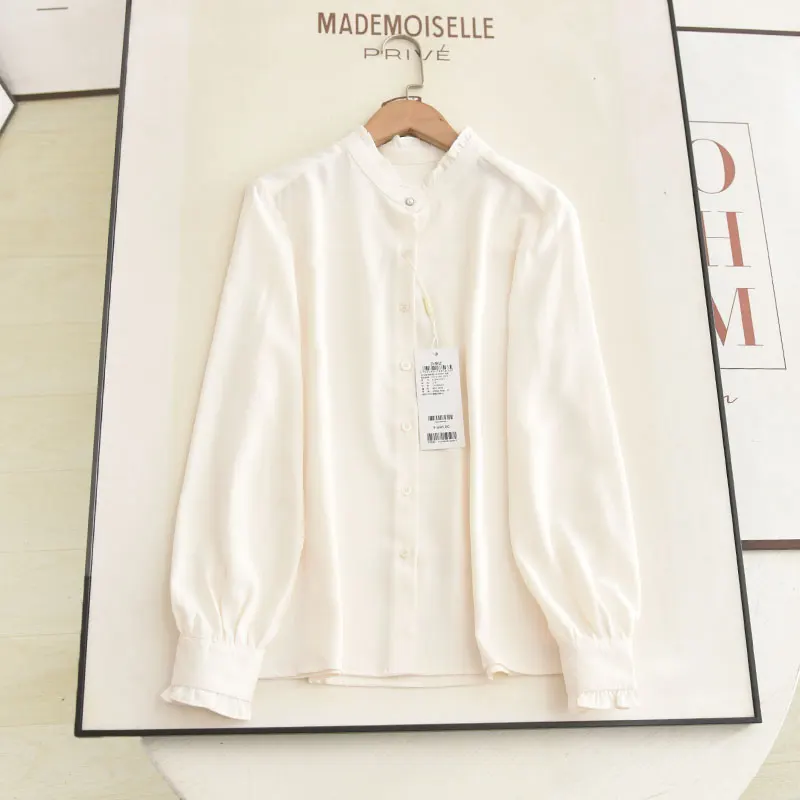 

Casual Sle irt Women's Breathable Long Sve Stand Collar Dra Sensation Autumn Commute Versatile Wooden Trim Top