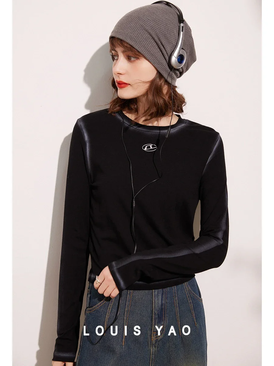 

LOUIS YAO Women T-shirt 2024 Spring New Fashionable Casual Round Neck Long Sleeve Gradient Contrast Color Women's Top