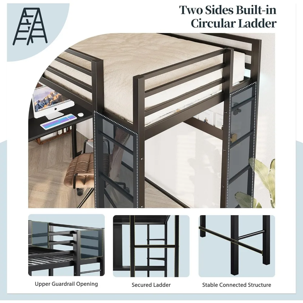 Metal Twin Loft Bed with Desk, Twin Size Loft Bed with 2 Built-in Ladders & Safety Guard, Noise Free for Small Bedroom, Black