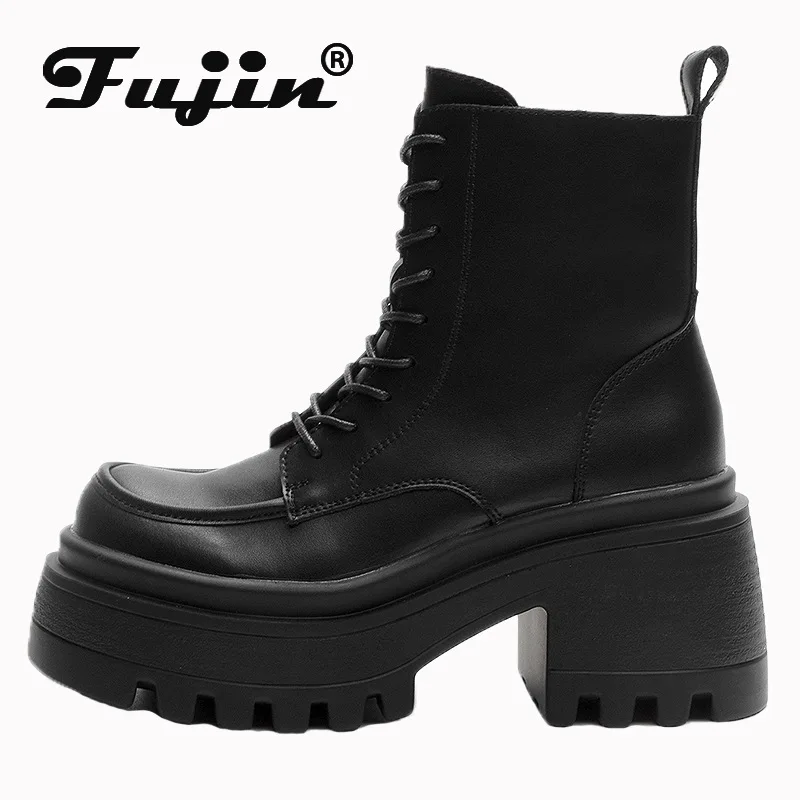 Fujin 8.5cm stivaletti durevoli in pelle microfibra moto autunno imbottito piattaforma zeppa inverno peluche primavera scarpe da donna