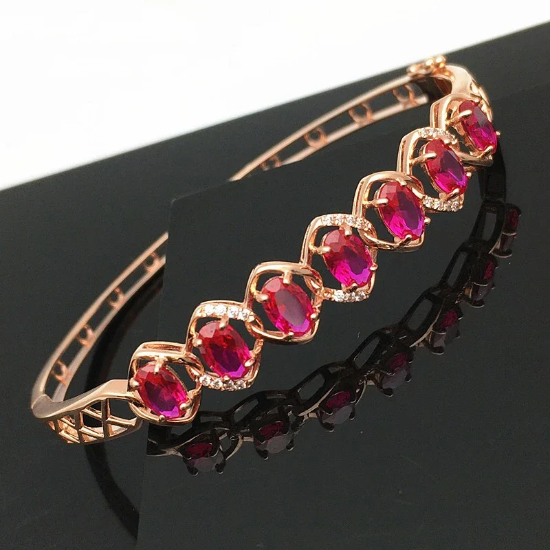 Inlaid Crystal Oval Ruby Bracelet for Women 14K Rose Gold Plated Fashion Luxury Glamour Wedding Jewelry