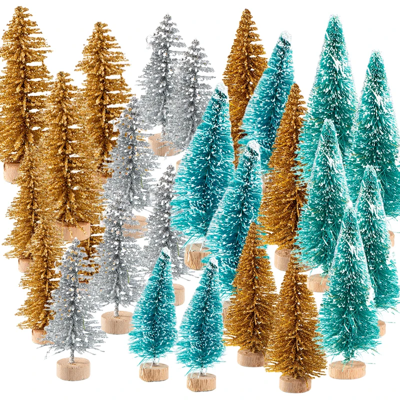 15pcs Artificial Mini Wooden Christmas Tree Blue Green White Gold Tower Pine Small Sisal Christmas Tree Tabletop Ornament Decor