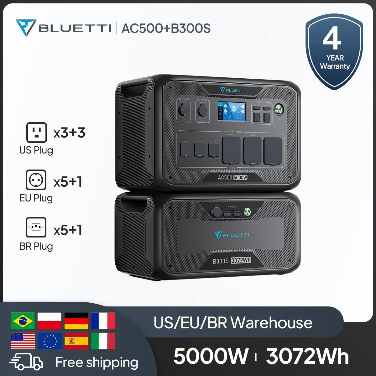 Bluetti AC500 + B300S Spina UE 5000W 3072Wh Batteria domestica Stazione di alimentazione di backup Onda sinusoidale pura Batteria di backup domestica modulare LiFePO4