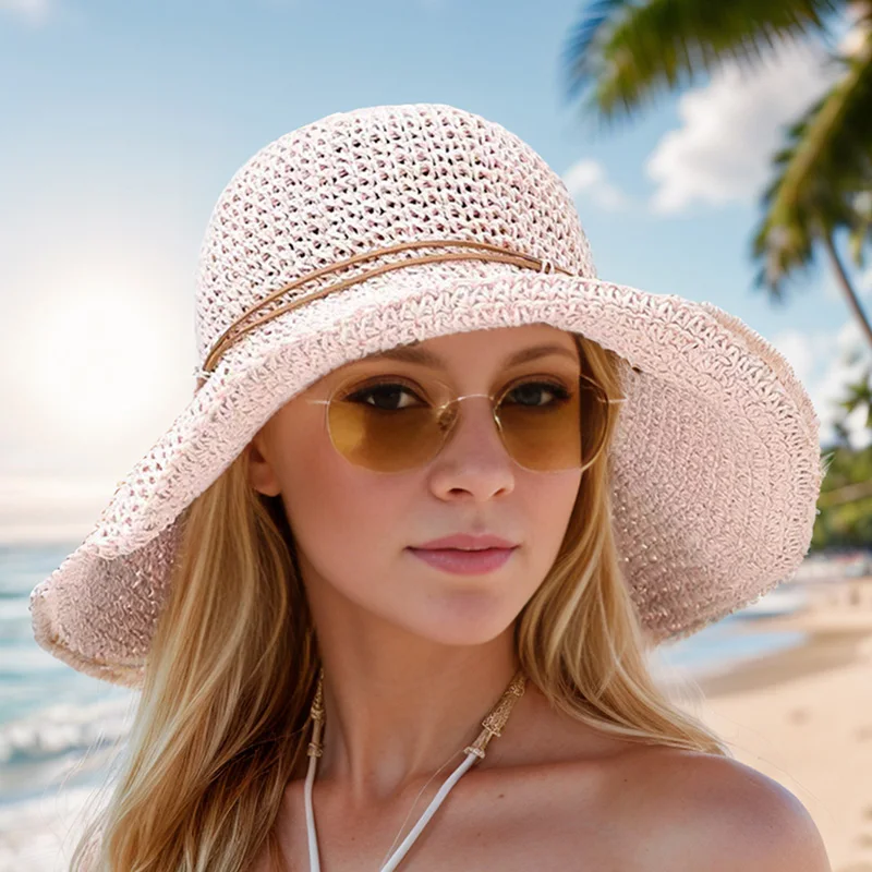 Fashion Crochet Womens Seaside Foldable Straw Weave Sun Straw Hat Wide Brim Real Straw Floppy Trilby Bow Summer Beach Sun Hat