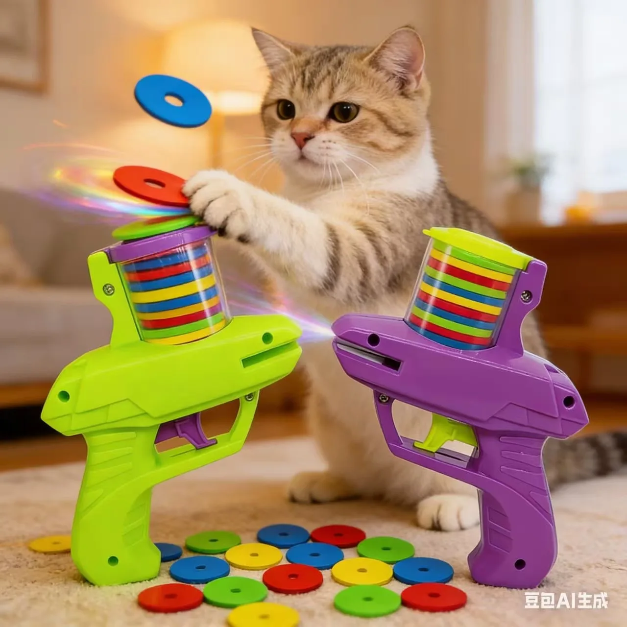 Divertido lanzador de frisbee giratorio para gatos y perros, juguetes de relajación para mascotas en interiores, suministros interactivos de frisbee de lanzamiento.
