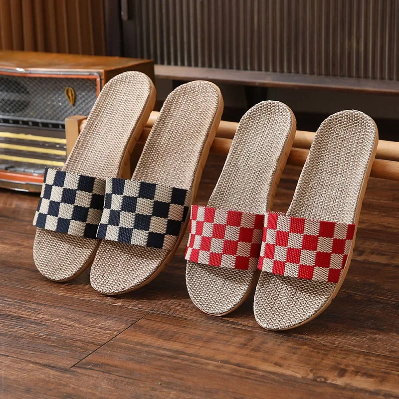 New Checkerboard Linen Slippers Women 2022 Summer Indoor Home Shoes Household Non-slip Couple Four Seasons Men\'s Sandals Y