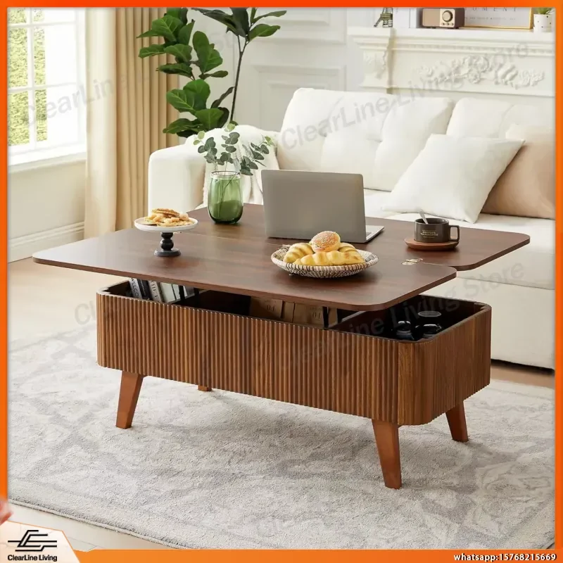 3 in 1 Lift Top Coffee Table with Storage Fluted Oval Walnut Wood Convertible Dining Table Sofa Table Nesting Living
