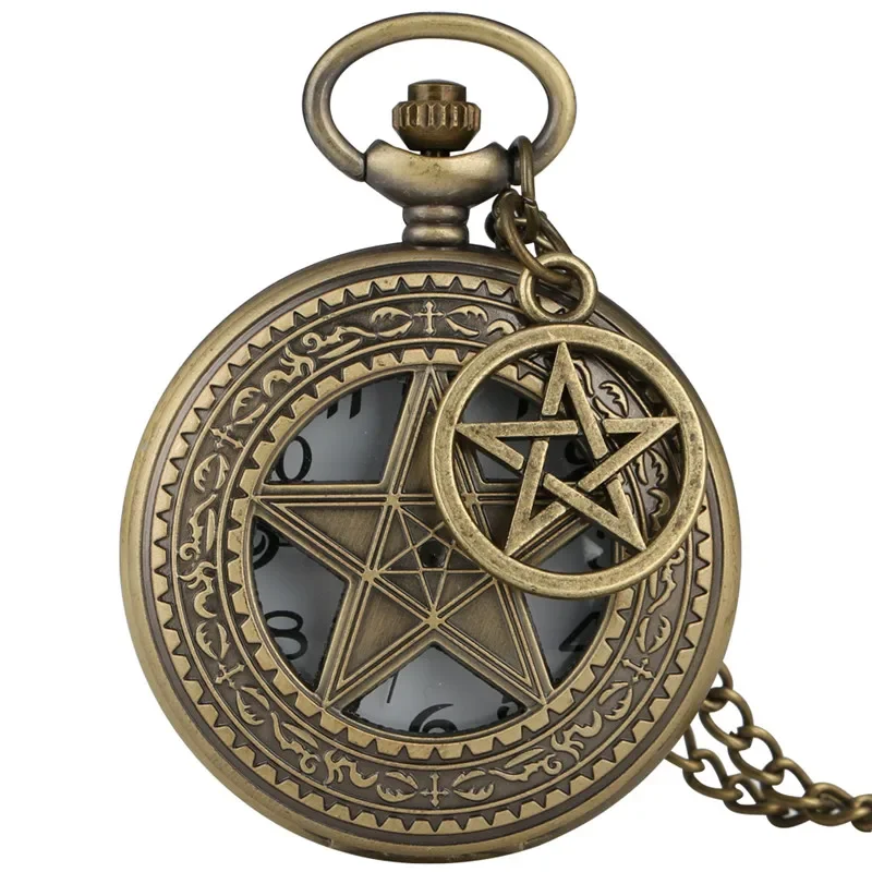 Retro Hollow Out Five Stars Pattern Unisex Quartz Analog Pocket Watch Necklace Chain with Pendant Pentagram Antique Timepiece