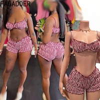 FAGADOER Red Plaid Fashion Ruched Two Piece Sets For Women Thin Strap Sleeveless Tank Top And Shorts Outfit Female 2pcs Clothing