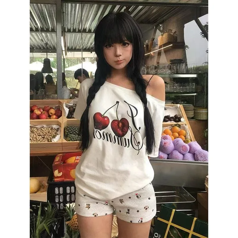 Cotton Cherry Print Short Sleeve Top Women Off Shoulder T-Shirt Summer Y2K Streetwear Basic White Tshirt Korean Syle Clothing