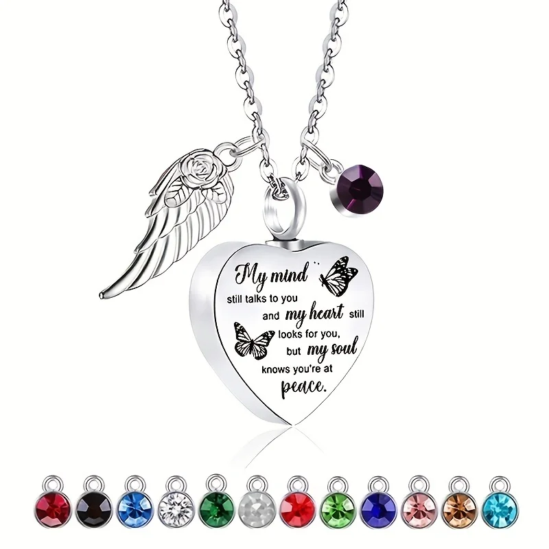 Heart Urn Necklaces for Ashes Angel Wings Cremation Jewelry Keepsake Memorial Pendant for Men Women-with 12 PCS Birthstone