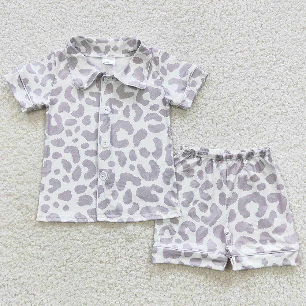

Grey Purple Leopard Button Short Sleeves Shirt Match Shorts Pajamas Set
