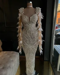  Elegant Full Pearls Feather Evening Dresses 2024 Couture Aso Ebi Cape Sleeve Mermaid Champagne Prom Dress Arabic Party Gowns