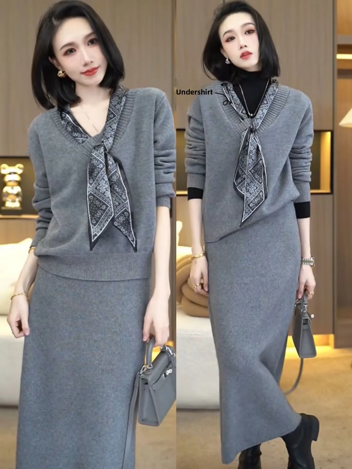 

Ele Autumn Winter Knitted Sweater Set with Scarf Waist-Cinching Skirt Soft Stretchy Commute Sle Thiened V-Ne