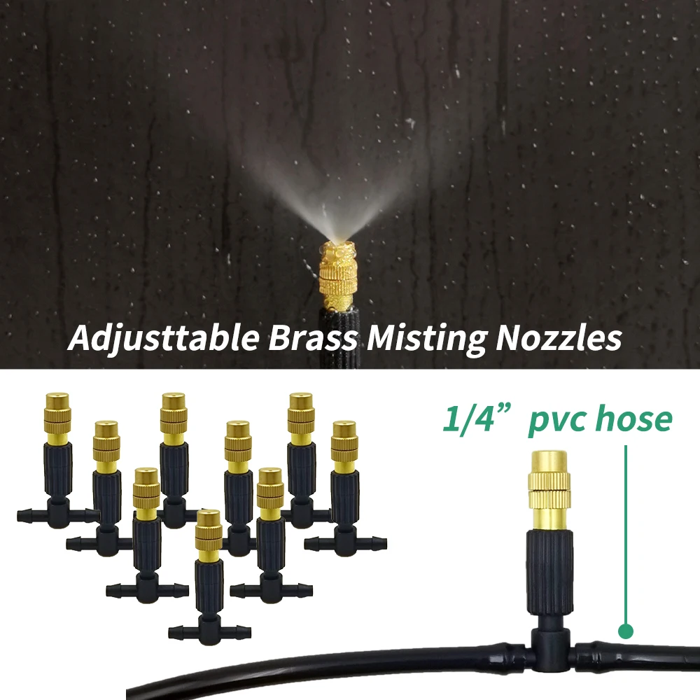 15M-30M Outdoor Misting Cooling System Garden Irrigation Watering 1/4\'\' Brass Atomizer Nozzles 4/7mm Hose for Patio Greenhouse