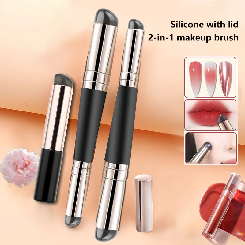 Pincel de silicona de doble cabezal con tapa, brochas correctoras en ángulo, bálsamo labial, brillo de labios, brochas correctoras de cabeza redonda, brochas de maquillaje