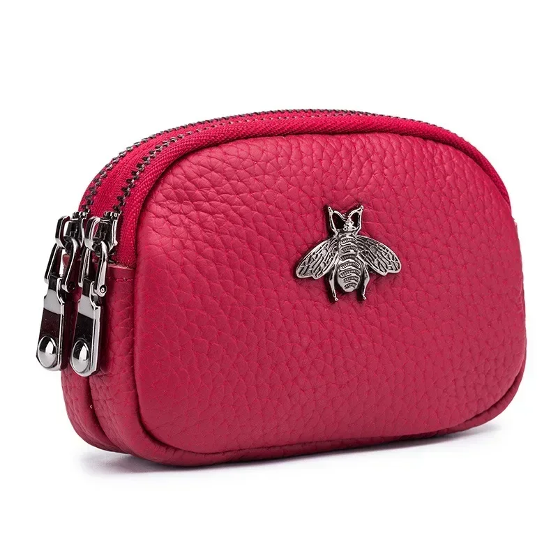 Ladies' Genuine Leather Coin Purse Double Zipper Portable Wallet Metal Bee Bag Mouth Red Skin Set Earphone Holder Bag