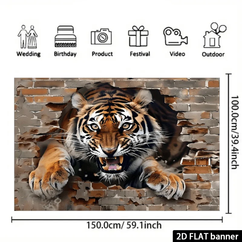 Realistic Roaring Tiger Tapestry Wall Decor Canvas Art Mural Jungle Wildlife Safari Print Rustic Brick Background Home DecorGift