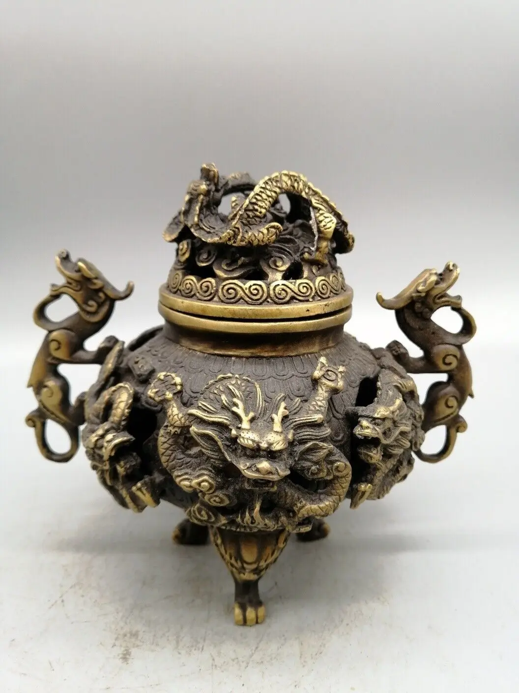 

Collect noble Fengshui copper brass 9 dragon Statue Hollow out Incense burner