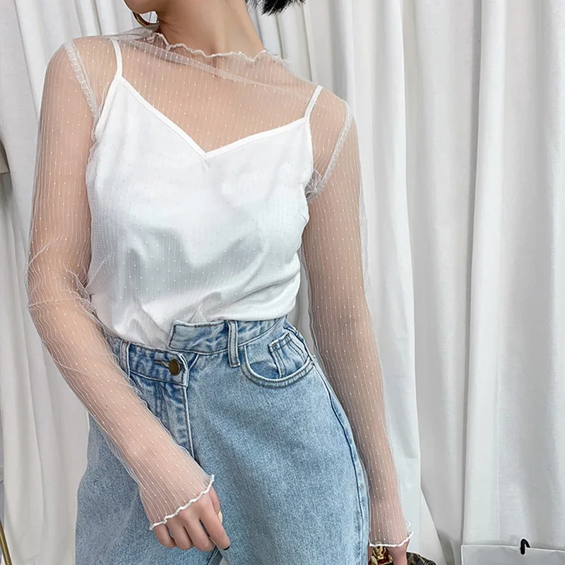 ของผู้หญิงมาแรงเสื้อสุดเซ็กซี่แบบสวมหัวเสื้อยืดสำหรับผู้หญิงเสื้อยืดตาข่ายลูกไม้แขนยาวแบบโปร่งสำหรับผู้หญิงเสื้อยืดตาข่ายเซ็กซี่